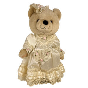 Vtg Anco Taiwan Victorian Teddy Bear Ivory Satin Lace Dress Ribbon Roses 15 Inch